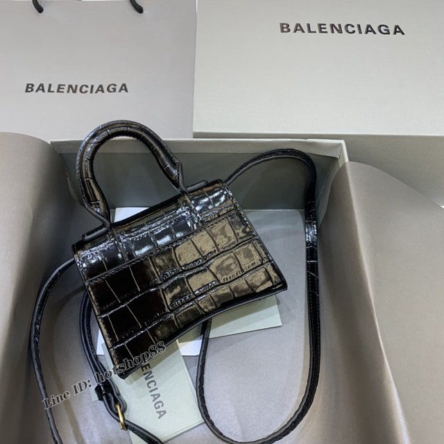 Balenciaga專櫃爆款迷你鱷魚紋黑色金扣手提女包 巴黎世家mini Hourglass沙漏包 fyj1929